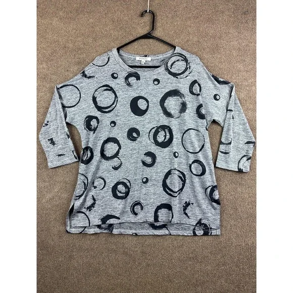 Jess & Jane T-Shirt Womens M Gray Tunic Crew Neck 3/4 Sleeve Geometric - Picture 2 of 6